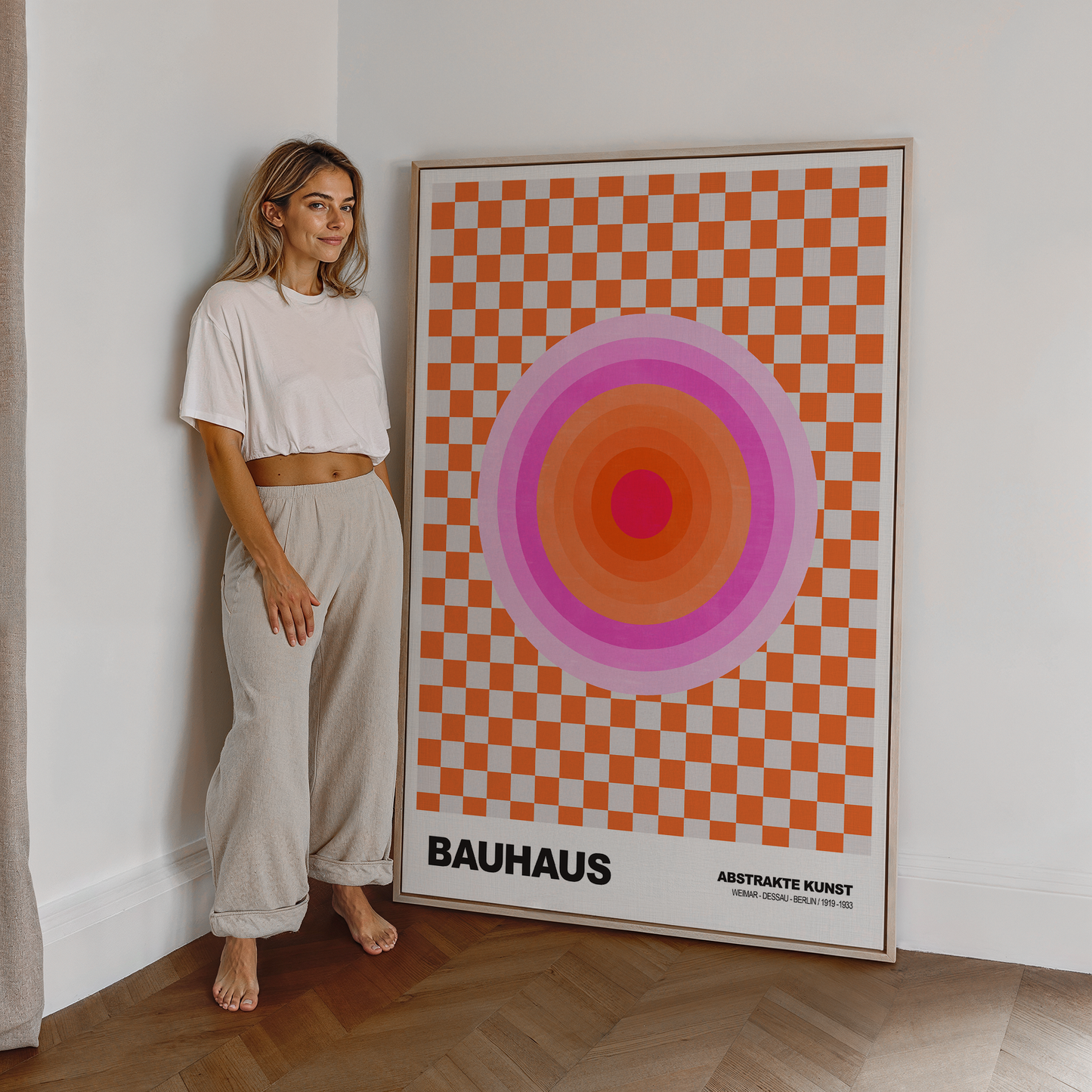 Poster Bauhaus Abstrakte Kunst · Pink Orange Kreis auf Schachbrett Muster · Modernes Retro Design Wandbild · Deko Print ohne Rahmen
