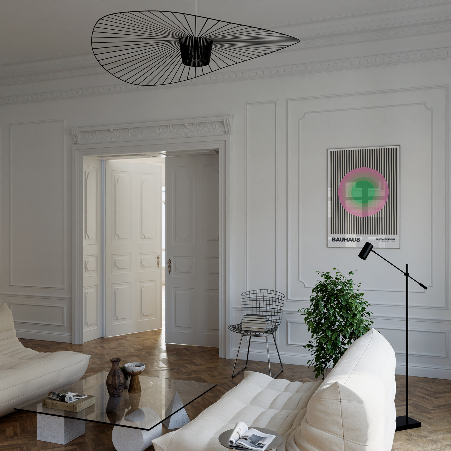 Poster Bauhaus Abstrakte Kunst · Grüner Kreis mit rosa Ringen auf schwarzen Streifen · Geometrisches Retro Wandbild · Print ohne Rahmen