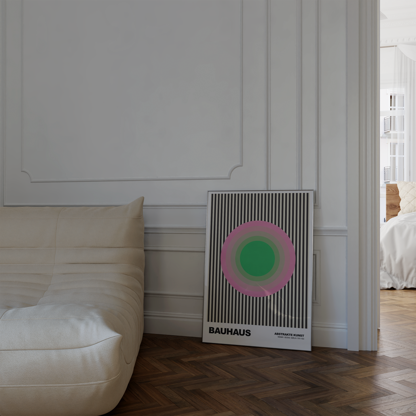 Poster Bauhaus Abstrakte Kunst · Grüner Kreis mit rosa Ringen auf schwarzen Streifen · Geometrisches Retro Wandbild · Print ohne Rahmen