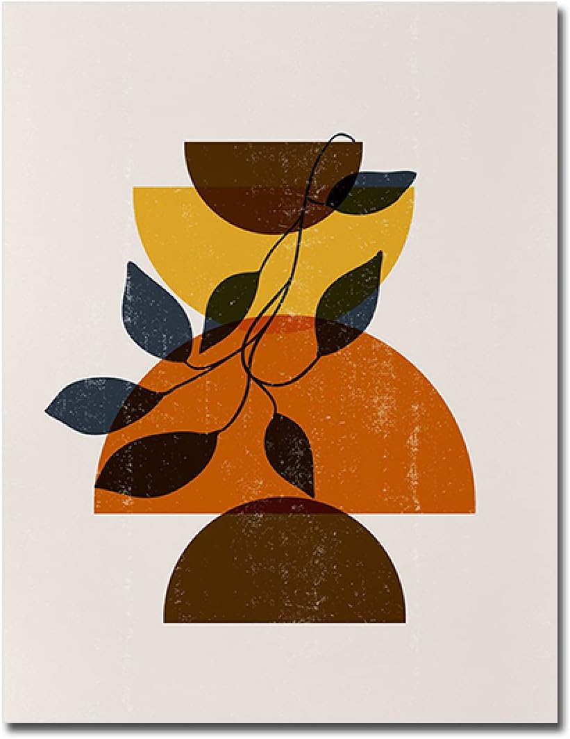 Poster Boho Abstrakt Sonne Halbkreise und Blätter mit Gelbtönen als Deko Print ohne Rahmen