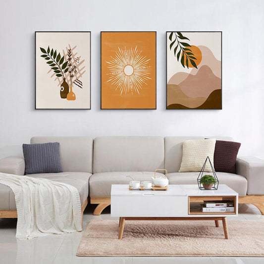 Poster Boho Abstrakt Sonne Berge und Pflanzen im Blumetopf als Deko Print ohne Rahmen