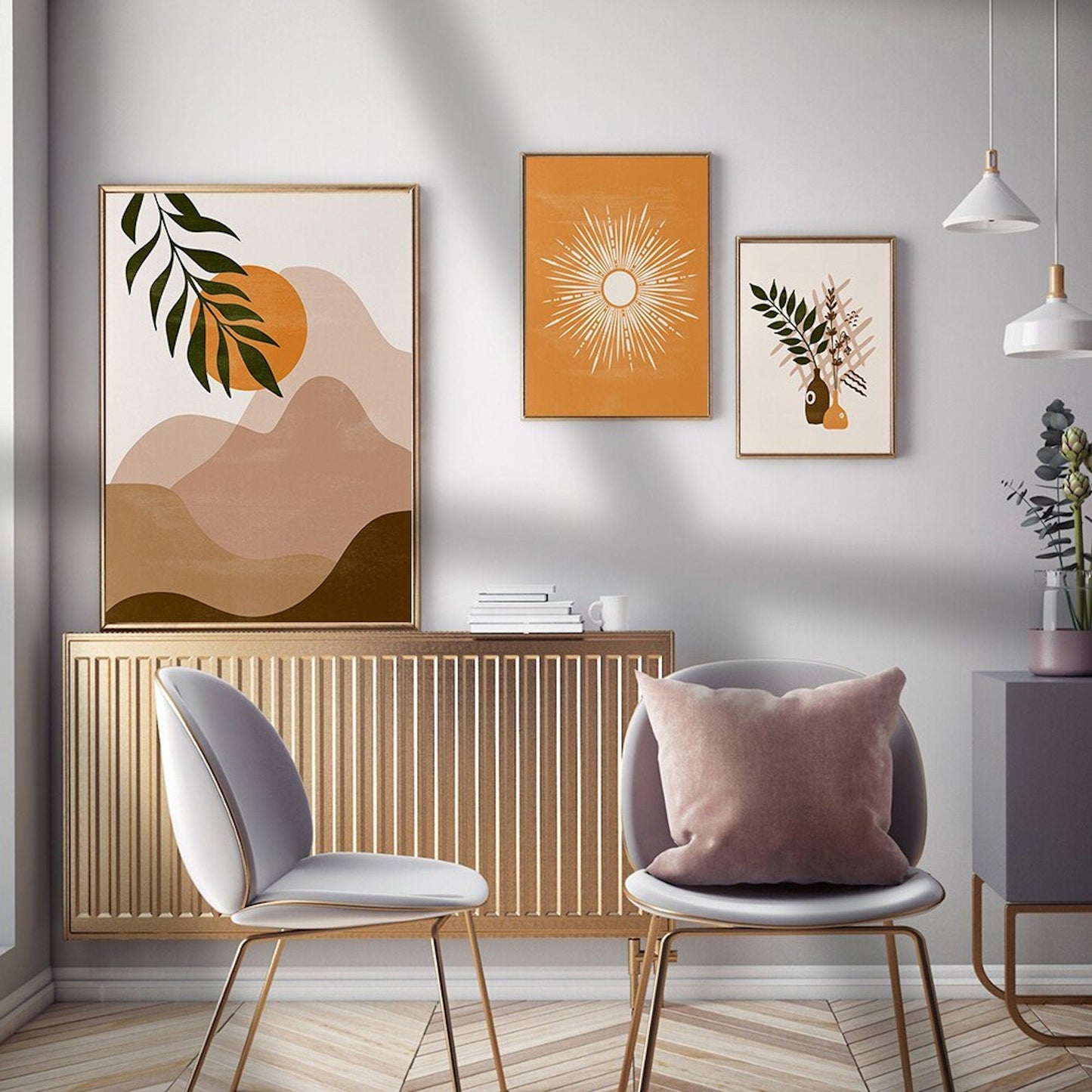 Poster Boho Abstrakt Sonne Berge und Pflanzen im Blumetopf als Deko Print ohne Rahmen