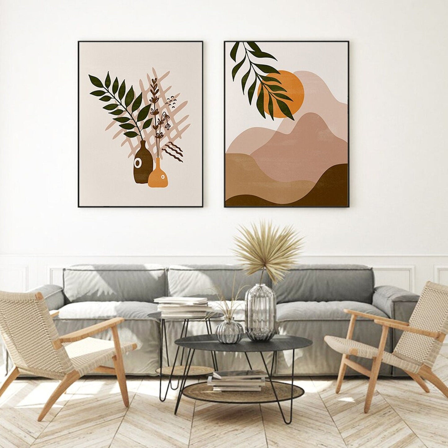 Poster Boho Abstrakt Sonne Berge und Pflanzen im Blumetopf als Deko Print ohne Rahmen