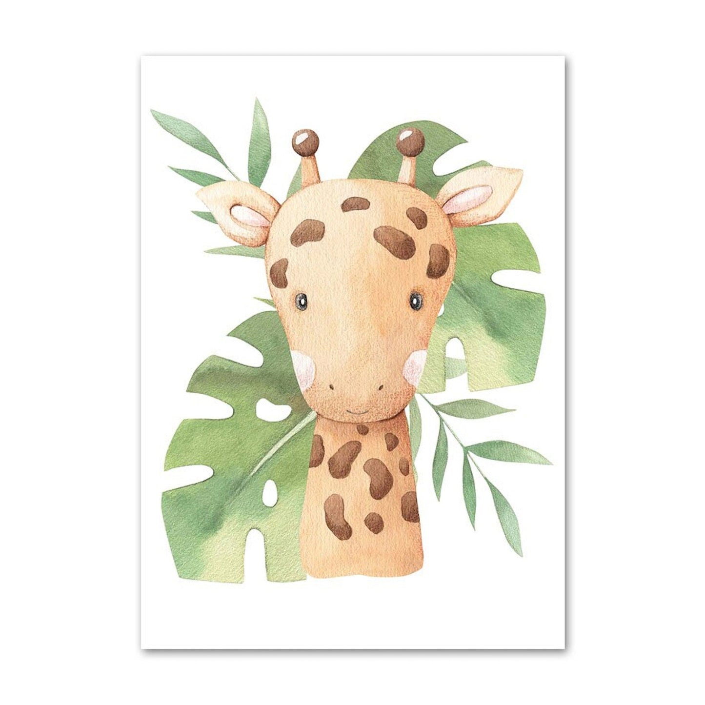 Poster Kinder süße Tiere mit Grünem Blatt Pandabär Giraffe Elefant Löwe Zebra Affe und Tiger als Deko Print ohne Rahmen