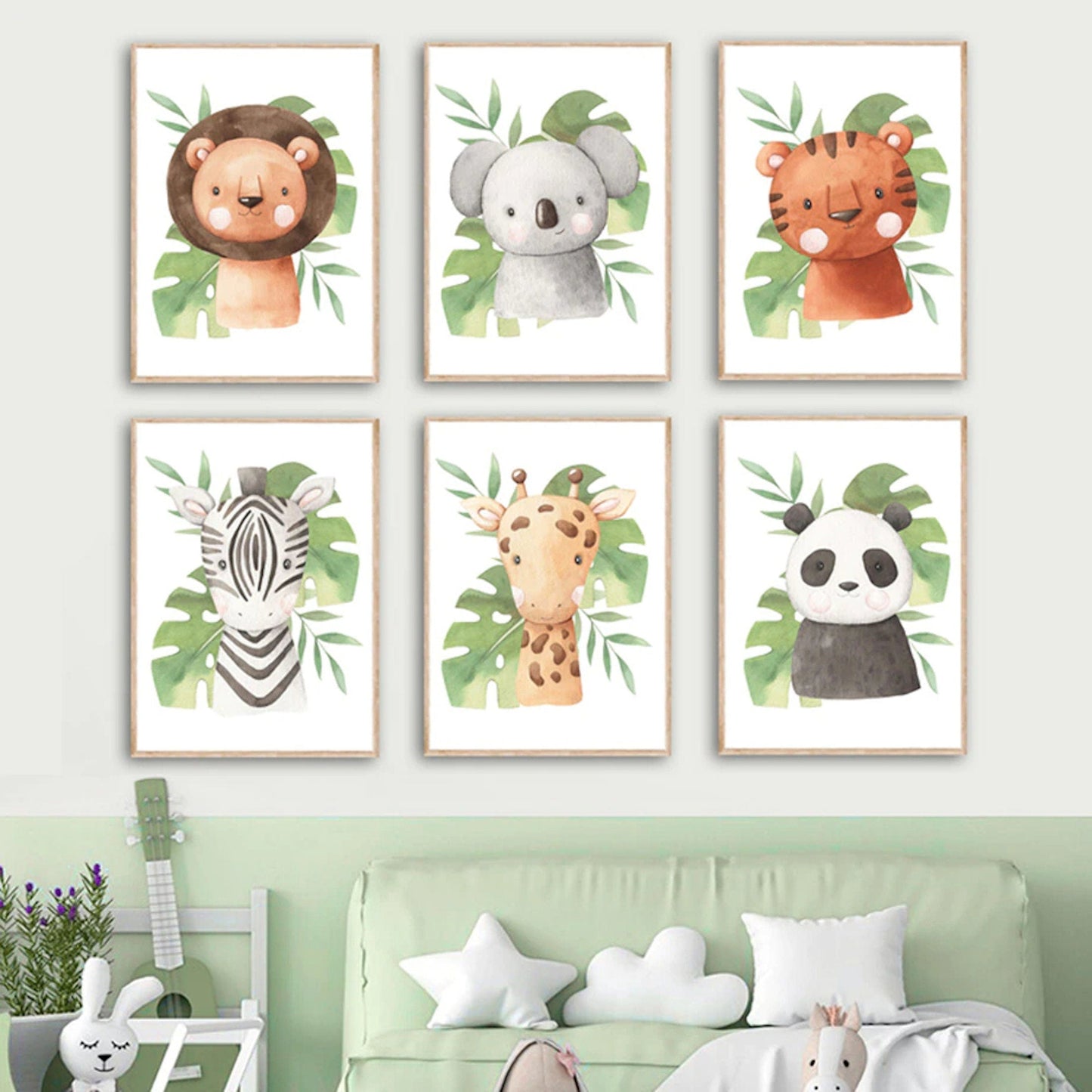 Poster Kinder süße Tiere mit Grünem Blatt Pandabär Giraffe Elefant Löwe Zebra Affe und Tiger als Deko Print ohne Rahmen