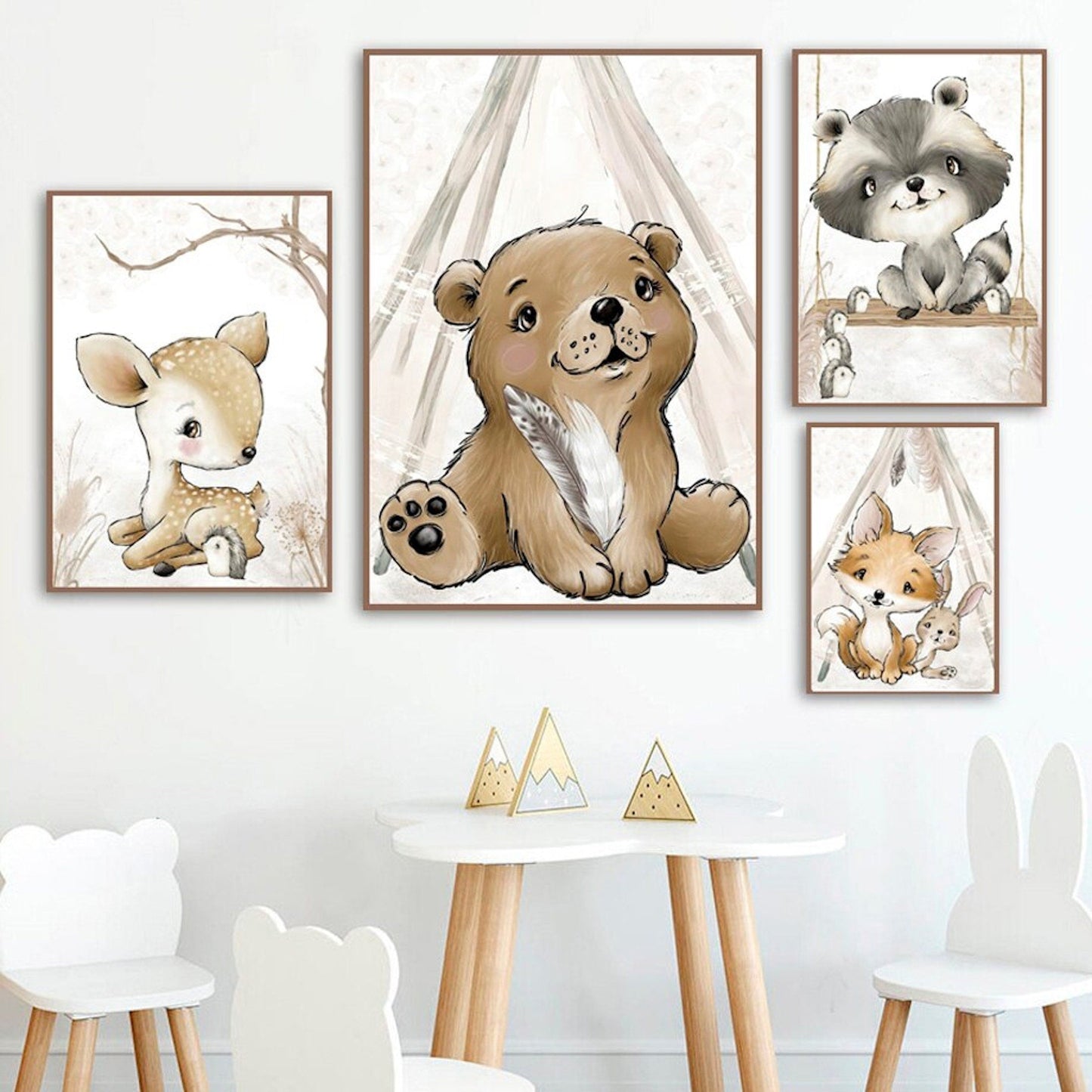 Poster Kinderzimmer Bilder Tiere Bär Reh Fuchs Hase und Spruch sei Frech wild und wunderbar als Deko Print ohne Rahmen