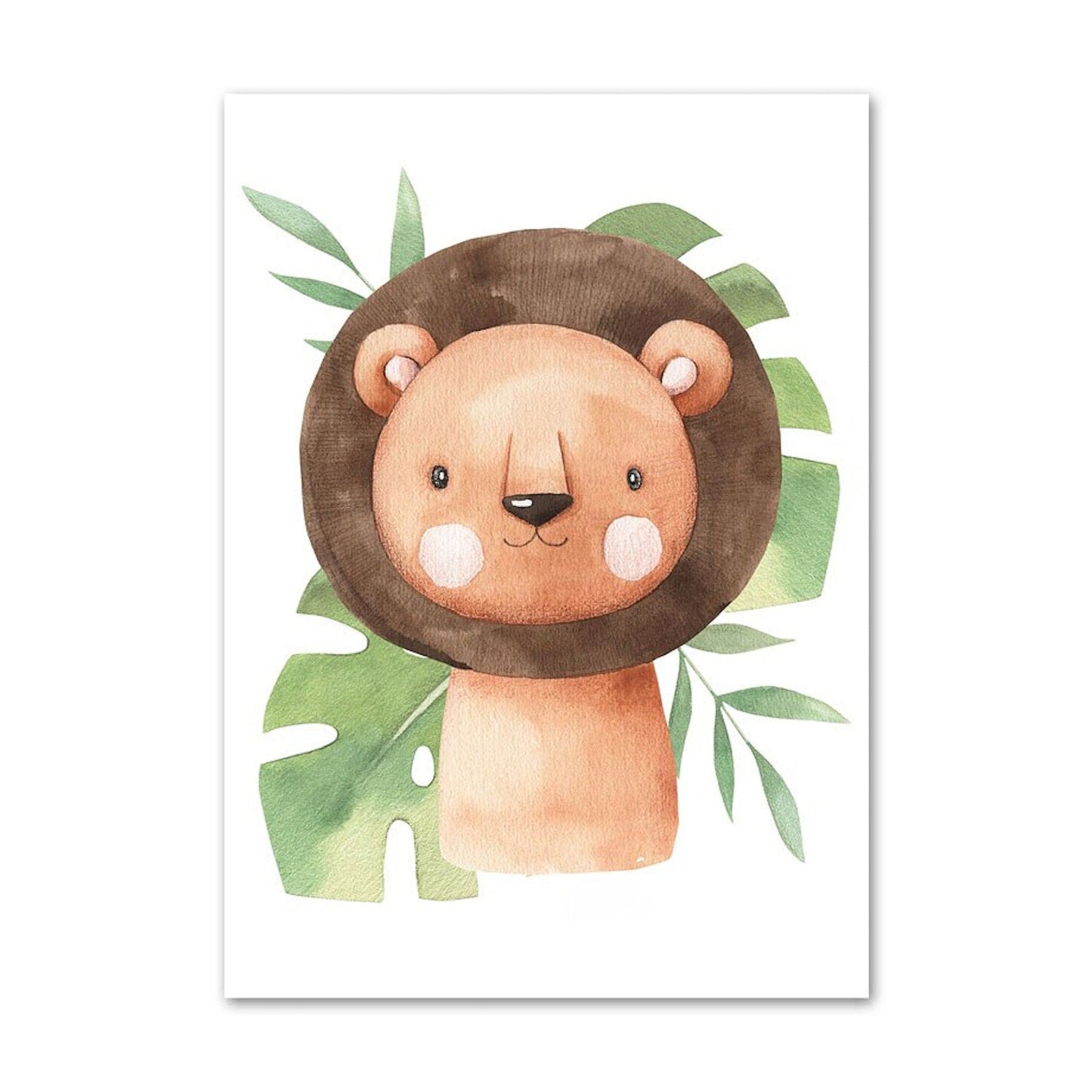 Poster Kinder süße Tiere mit Grünem Blatt Pandabär Giraffe Elefant Löwe Zebra Affe und Tiger als Deko Print ohne Rahmen
