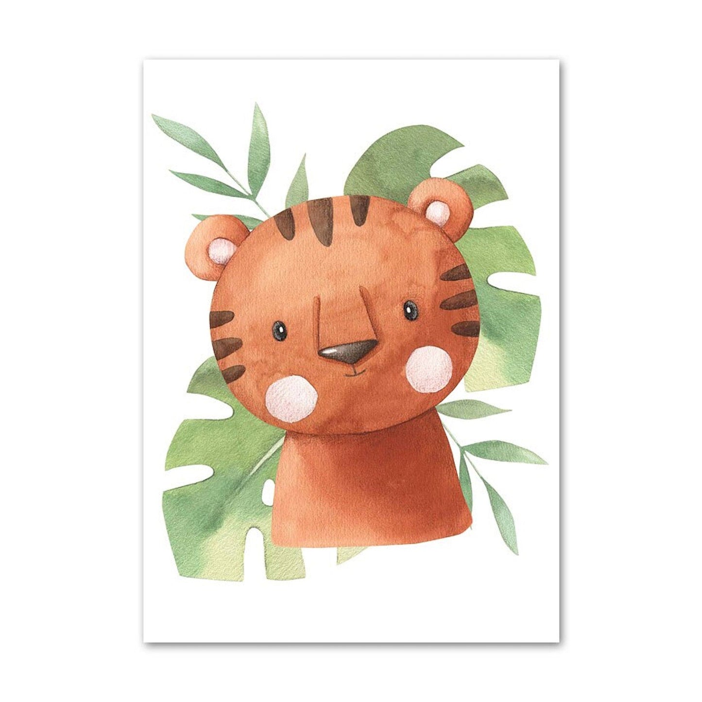Poster Kinder süße Tiere mit Grünem Blatt Pandabär Giraffe Elefant Löwe Zebra Affe und Tiger als Deko Print ohne Rahmen