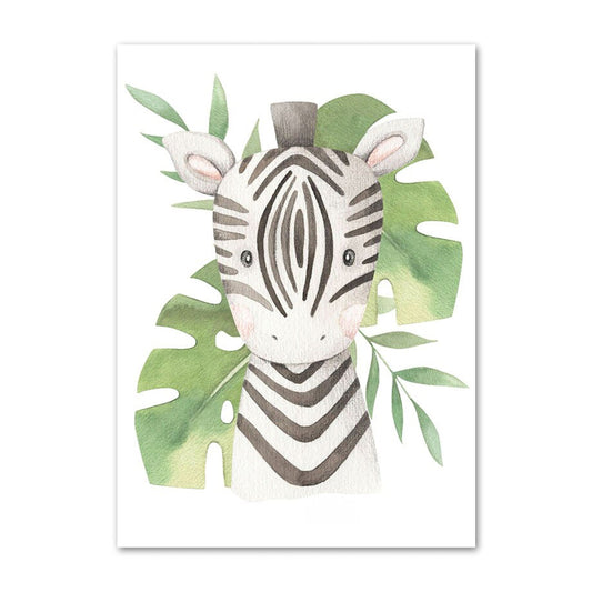 Poster Kinder süße Tiere mit Grünem Blatt Pandabär Giraffe Elefant Löwe Zebra Affe und Tiger als Deko Print ohne Rahmen