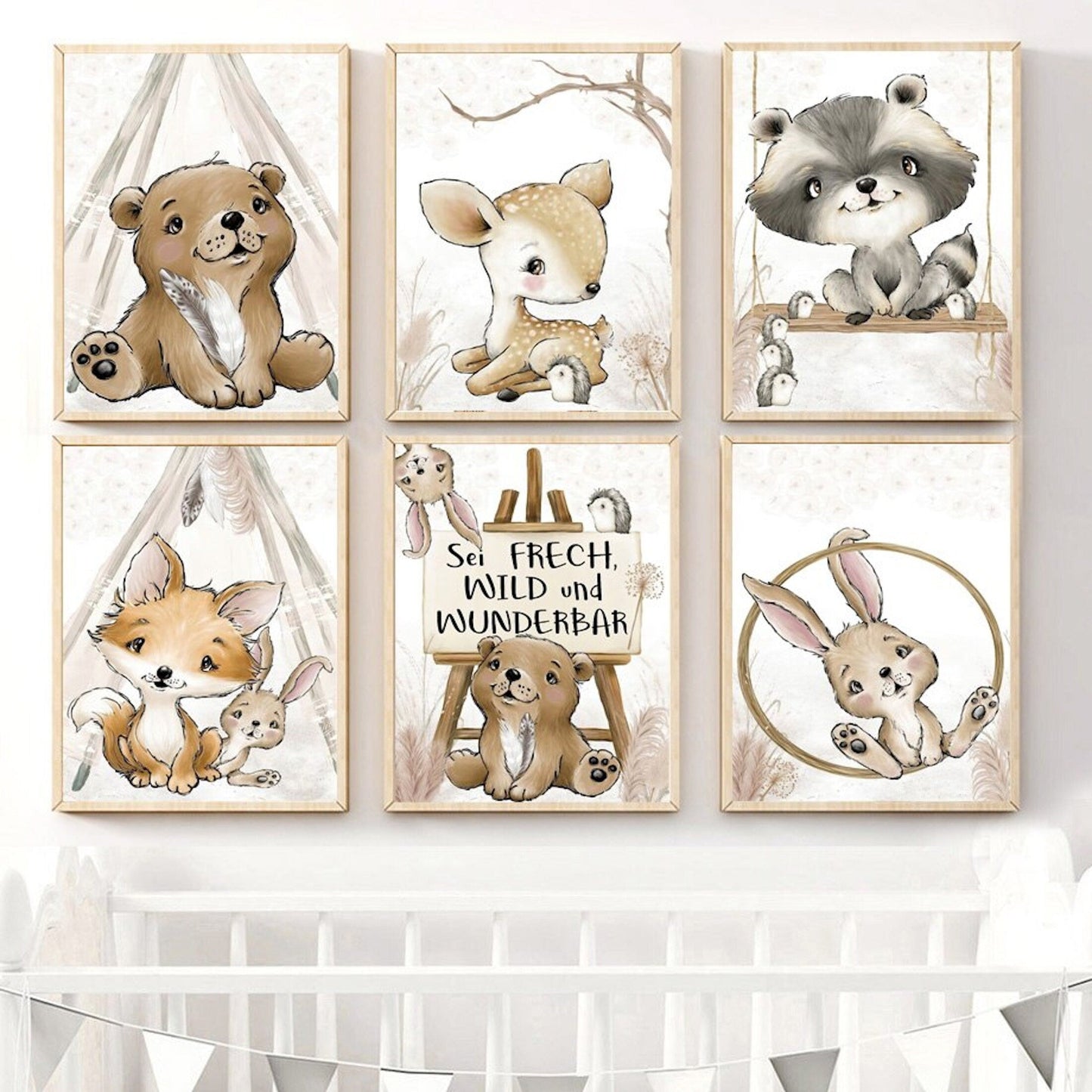 Poster Kinderzimmer Bilder Tiere Bär Reh Fuchs Hase und Spruch sei Frech wild und wunderbar als Deko Print ohne Rahmen