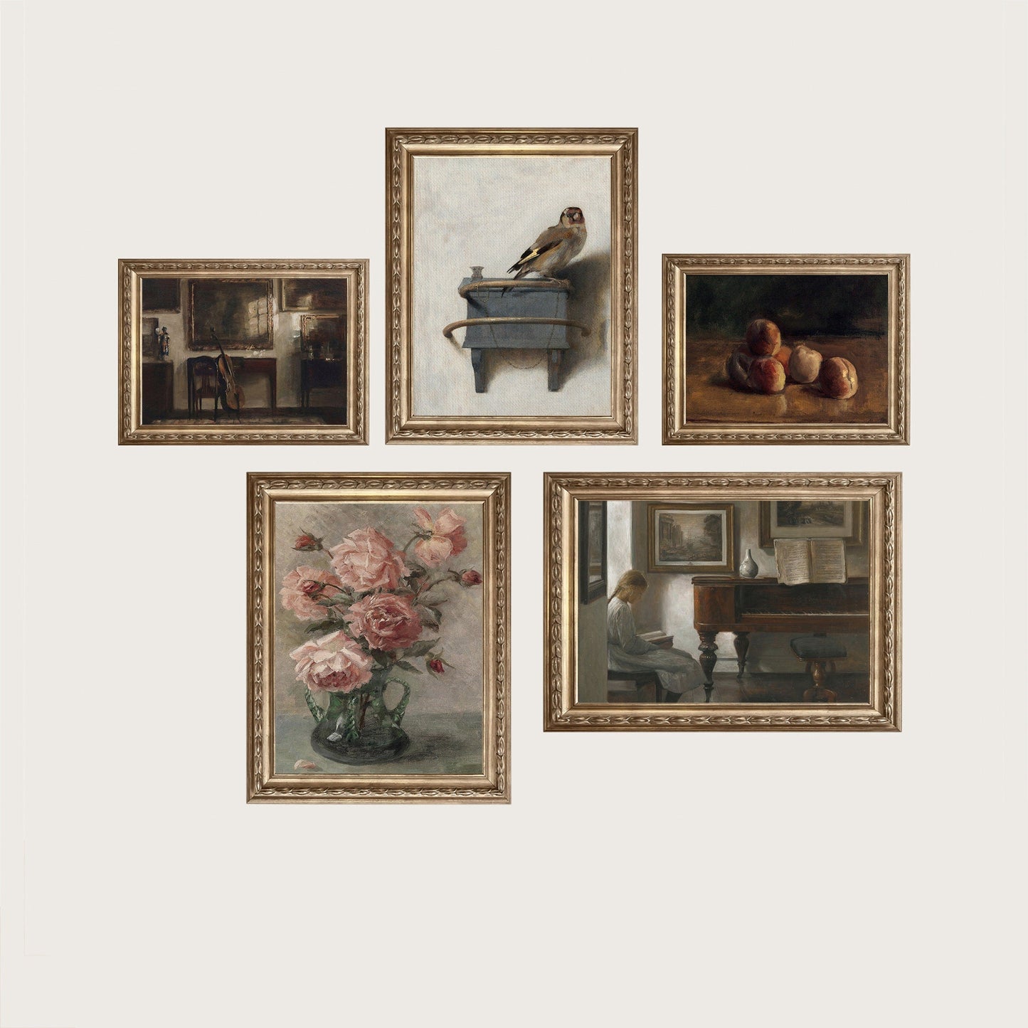 Poster Vintage Galerie Wand Kunst Set Blume Vogel Pfirsisch Klavier 5er Set als Deko Print ohne Rahmen