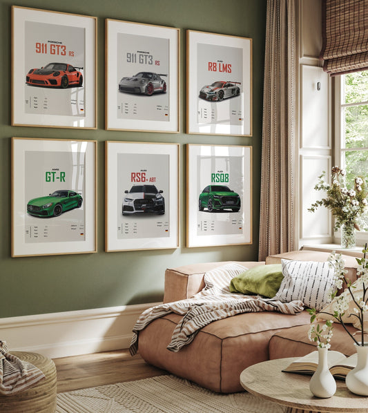 Poster Sportwagen PORSCHE 911 AUDI Rs MERCEDES Amg Gtr  Super Sport Auto I Geschenk für ihn I Wohnzimmmer Büro I Wand Deko Print ohne Rahmen