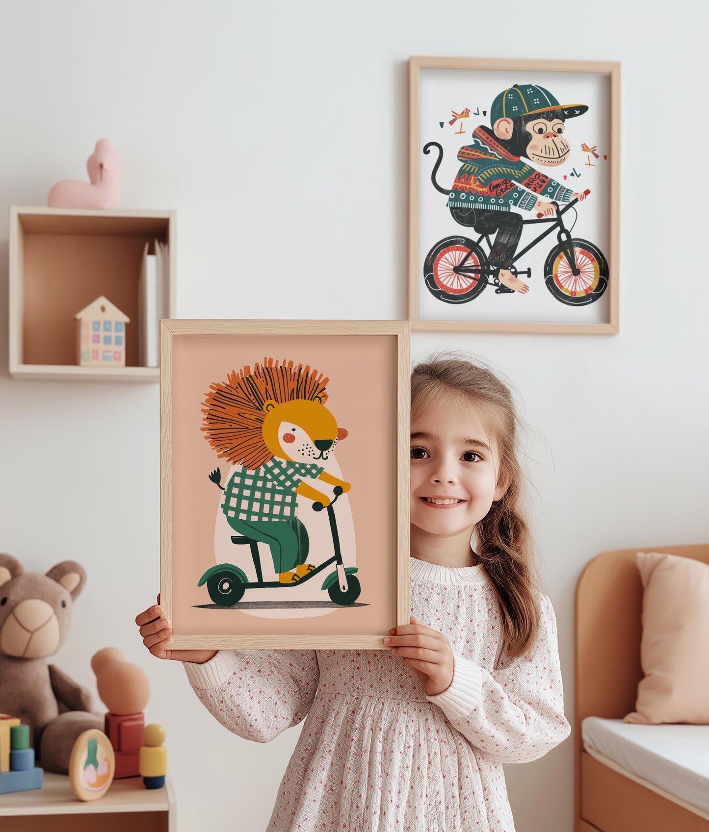 Lustige Tierwelt Poster Kinderzimmer · Geschenkidee für Kinder · Radfahrender Affe · E-Scooter Spaß ·Stylisches Zebra·Deko Print ohne Rahmen