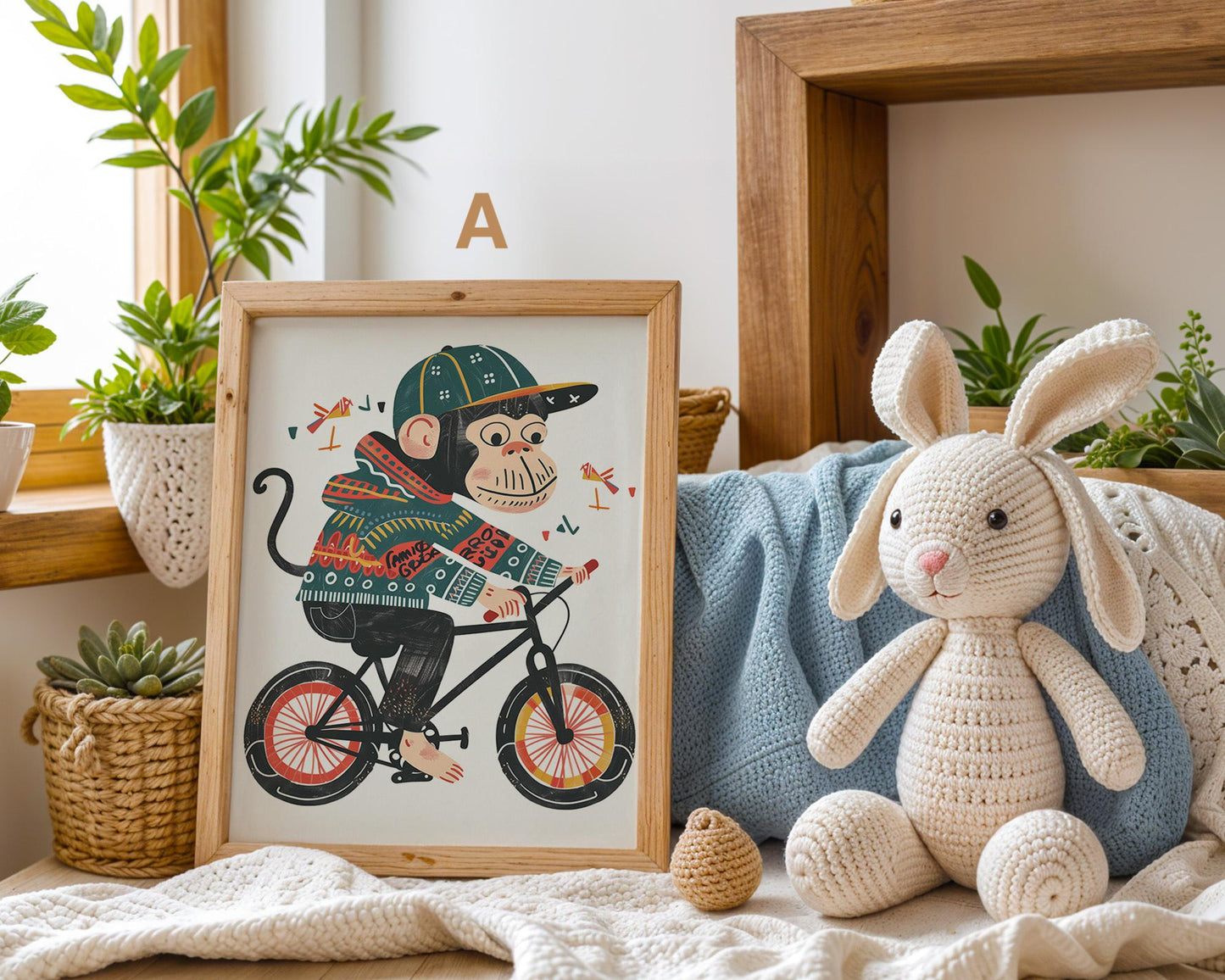 Lustige Tierwelt Poster Kinderzimmer · Geschenkidee für Kinder · Radfahrender Affe · E-Scooter Spaß ·Stylisches Zebra·Deko Print ohne Rahmen