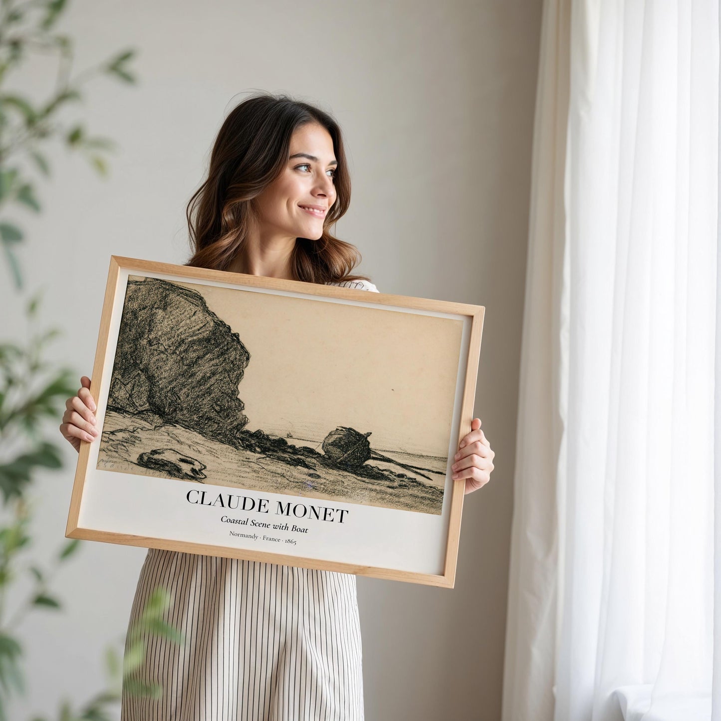 Claude Monet Zeichnung · Strand mit Boot ca. 1865 · Küstenstudie in Kohle · Vintage Kunstposter · Normandie Skizze · Druck ohne Rahmen