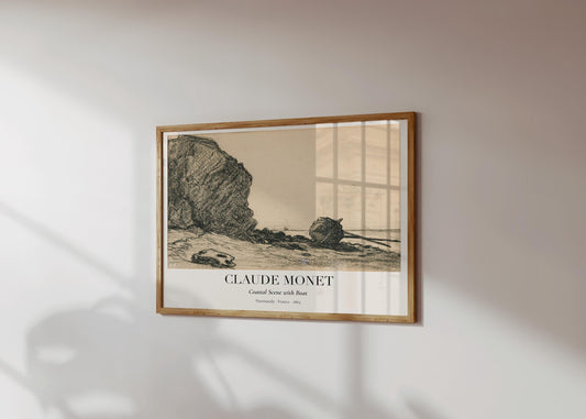 Claude Monet Zeichnung · Strand mit Boot ca. 1865 · Küstenstudie in Kohle · Vintage Kunstposter · Normandie Skizze · Druck ohne Rahmen