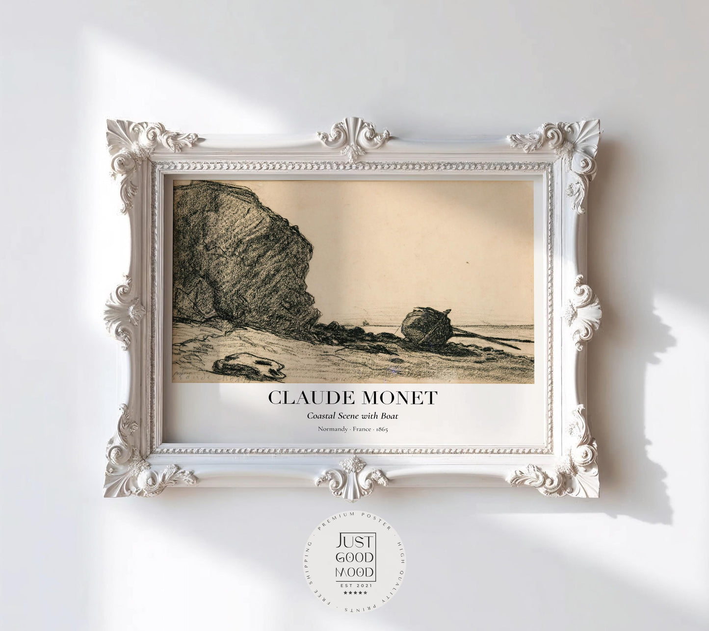 Claude Monet Zeichnung · Strand mit Boot ca. 1865 · Küstenstudie in Kohle · Vintage Kunstposter · Normandie Skizze · Druck ohne Rahmen