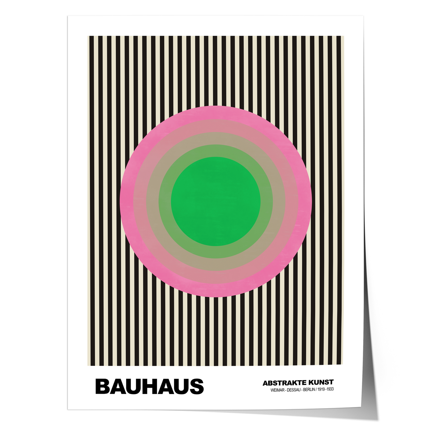 Poster Bauhaus Abstrakte Kunst · Grüner Kreis mit rosa Ringen auf schwarzen Streifen · Geometrisches Retro Wandbild · Print ohne Rahmen