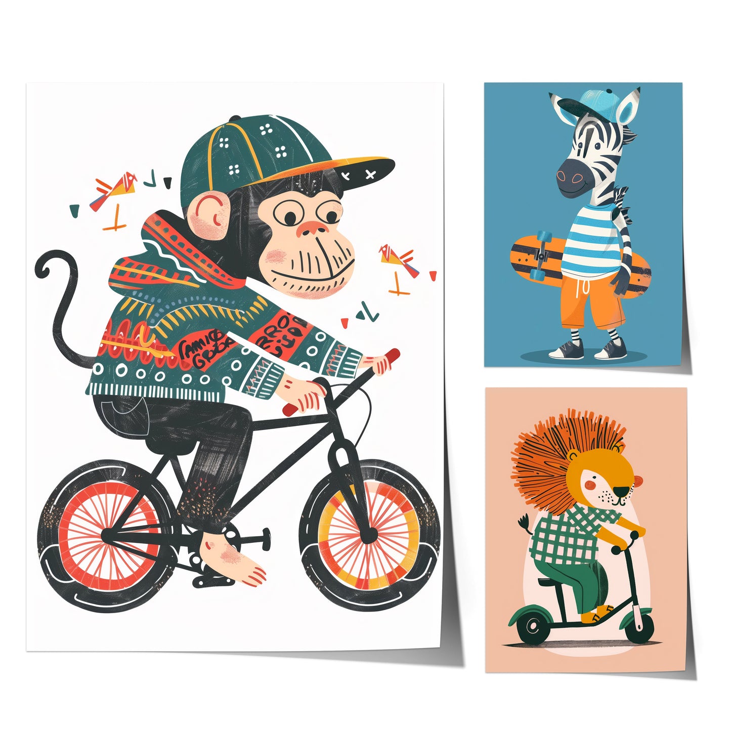 Lustige Tierwelt Poster Kinderzimmer · Geschenkidee für Kinder · Radfahrender Affe · E-Scooter Spaß ·Stylisches Zebra·Deko Print ohne Rahmen