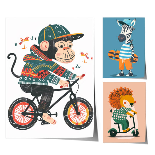 Lustige Tierwelt Poster Kinderzimmer · Geschenkidee für Kinder · Radfahrender Affe · E-Scooter Spaß ·Stylisches Zebra·Deko Print ohne Rahmen