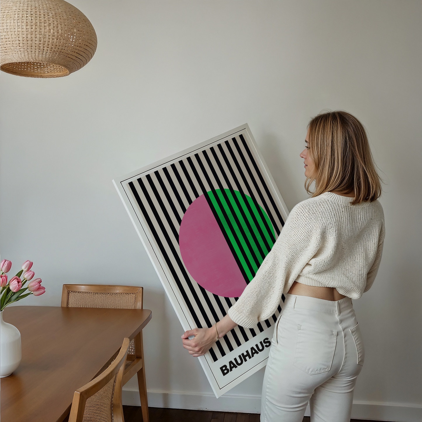 Poster Bauhaus Abstrakte Kunst · Pink Grüner Kreis mit schwarzen Streifen · Modernes Geometrisches Design · Deko Print ohne Rahmen